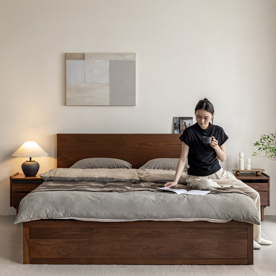 Vintage walnut wood lift-up storage bed with drawer kangaroo size charts.