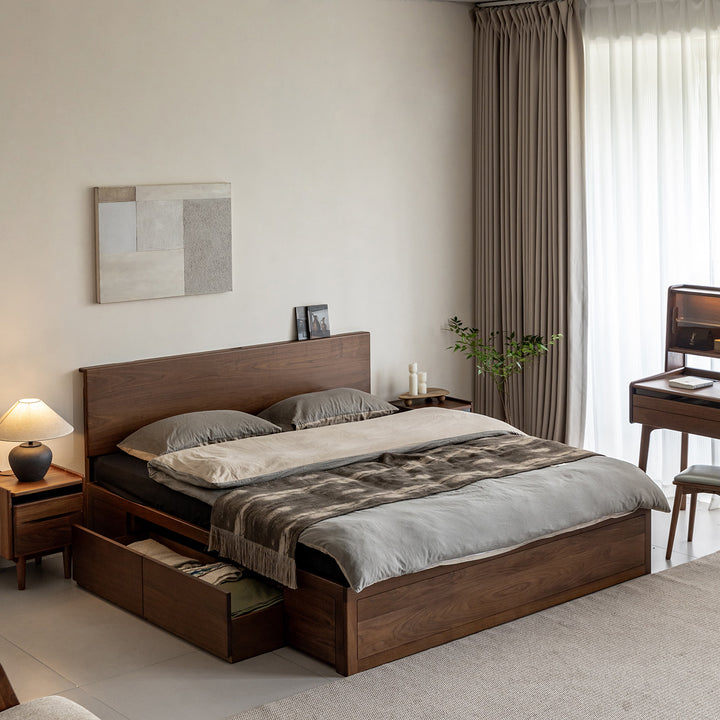 Vintage walnut wood lift-up storage bed with drawer kangaroo in close up details.