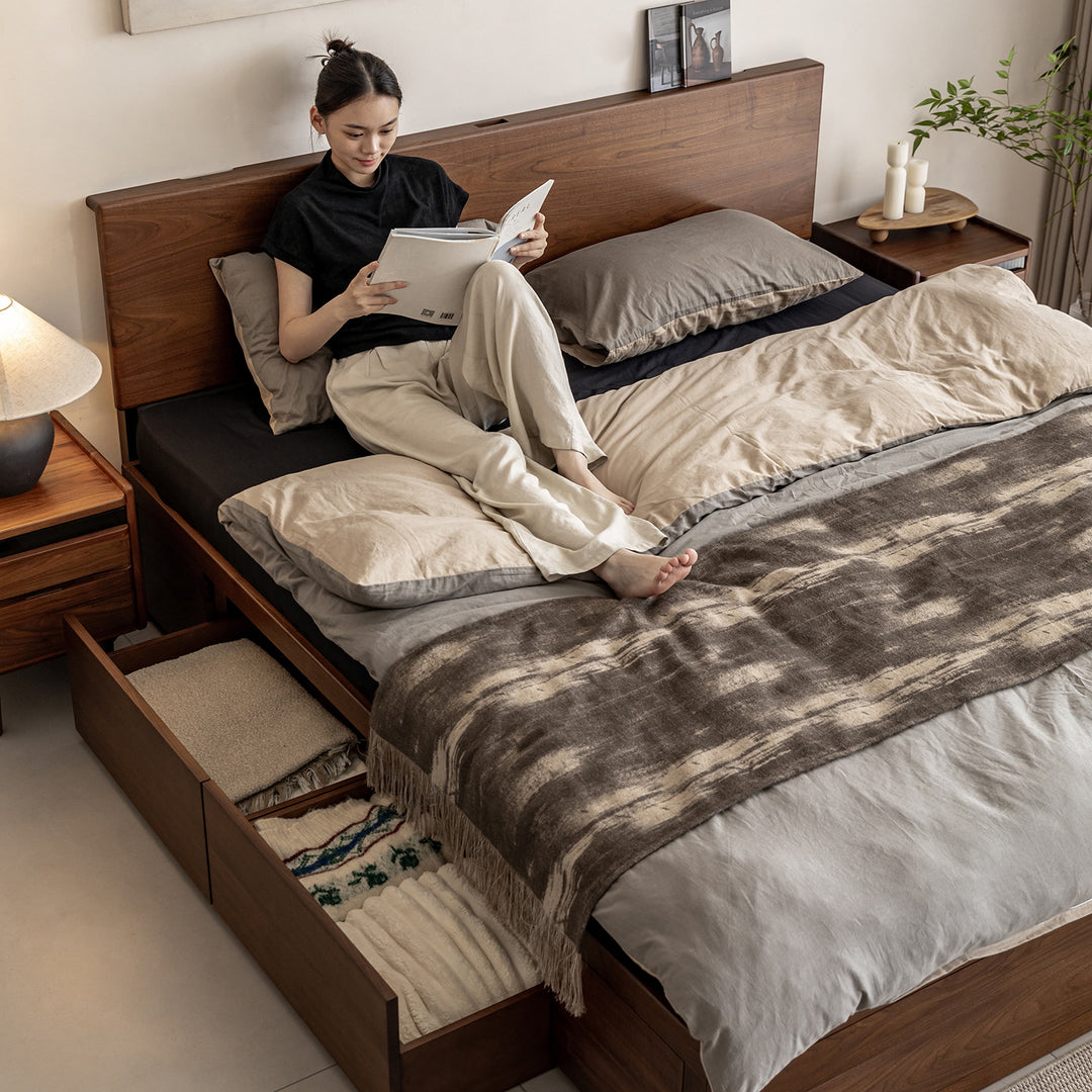 Vintage walnut wood lift-up storage bed with drawer kangaroo in panoramic view.