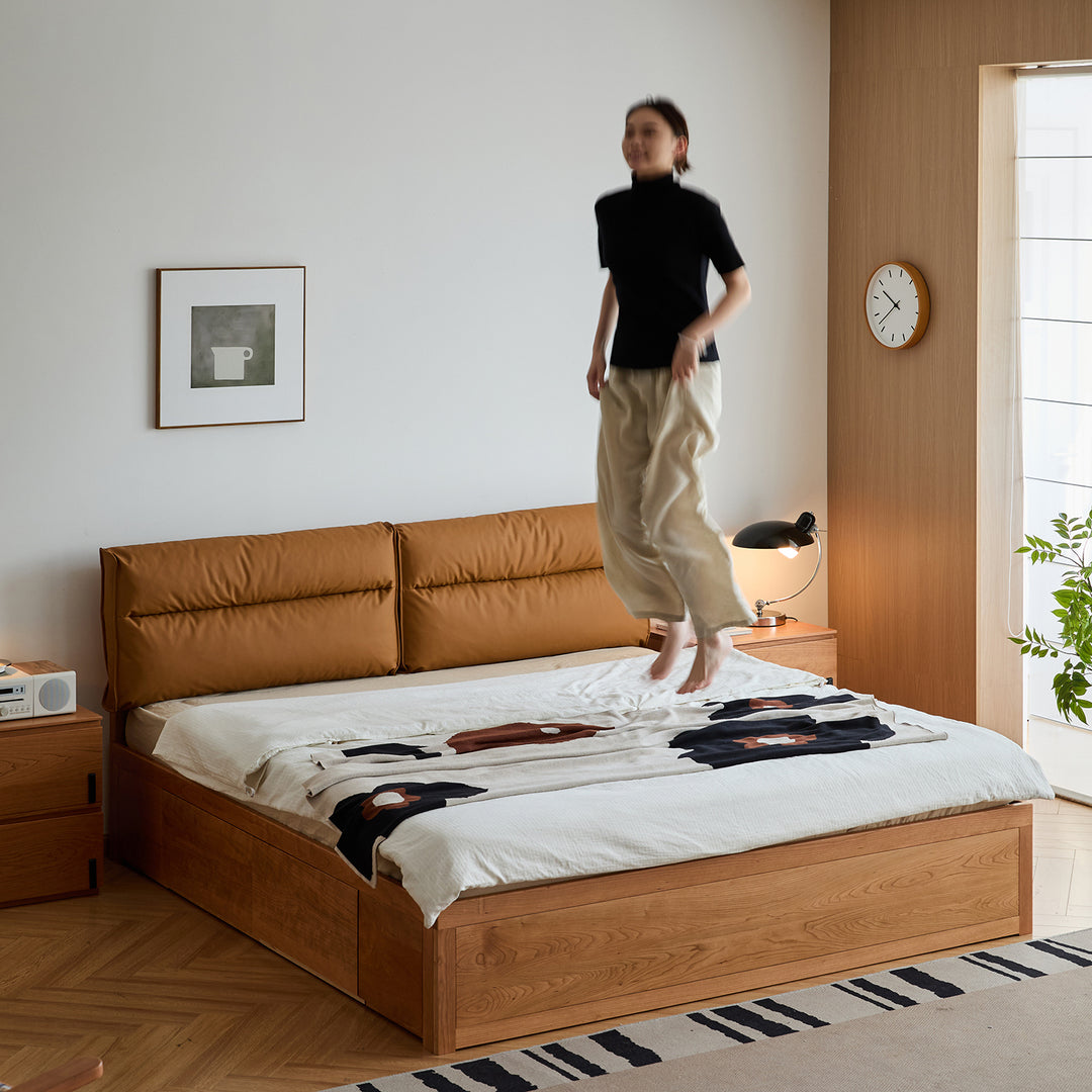 Scandinavian cherry wood cushion lift-up storage bed with drawer kangaroo color swatches.