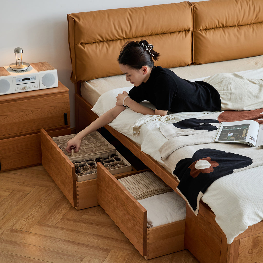 Scandinavian cherry wood cushion lift-up storage bed with drawer kangaroo material variants.
