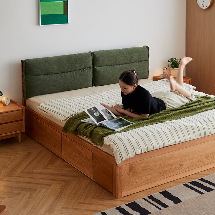 Scandinavian cherry wood cushion lift-up storage bed with drawer kangaroo in real life style.