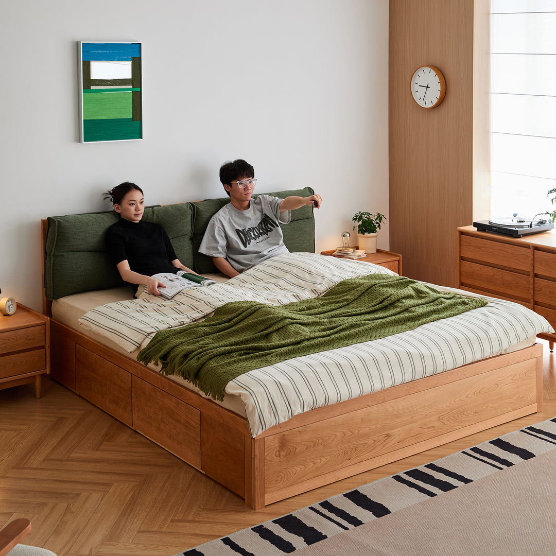 Scandinavian cherry wood cushion lift-up storage bed with drawer kangaroo with context.