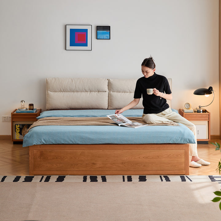 Scandinavian cherry wood cushion lift-up storage bed with drawer kangaroo in details.