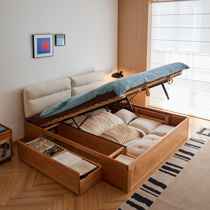 Scandinavian cherry wood cushion lift-up storage bed with drawer kangaroo in close up details.