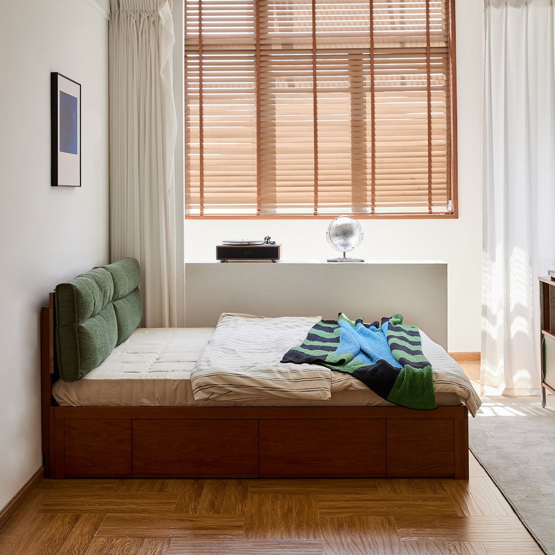 Vintage boxwood cushion lift-up storage bed with drawer kangaroo with context.