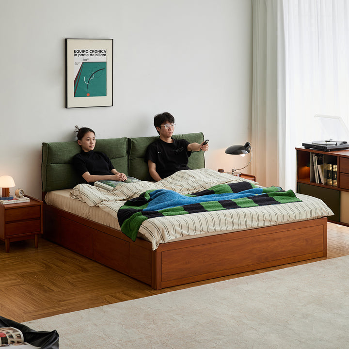 Vintage boxwood cushion lift-up storage bed with drawer kangaroo in details.