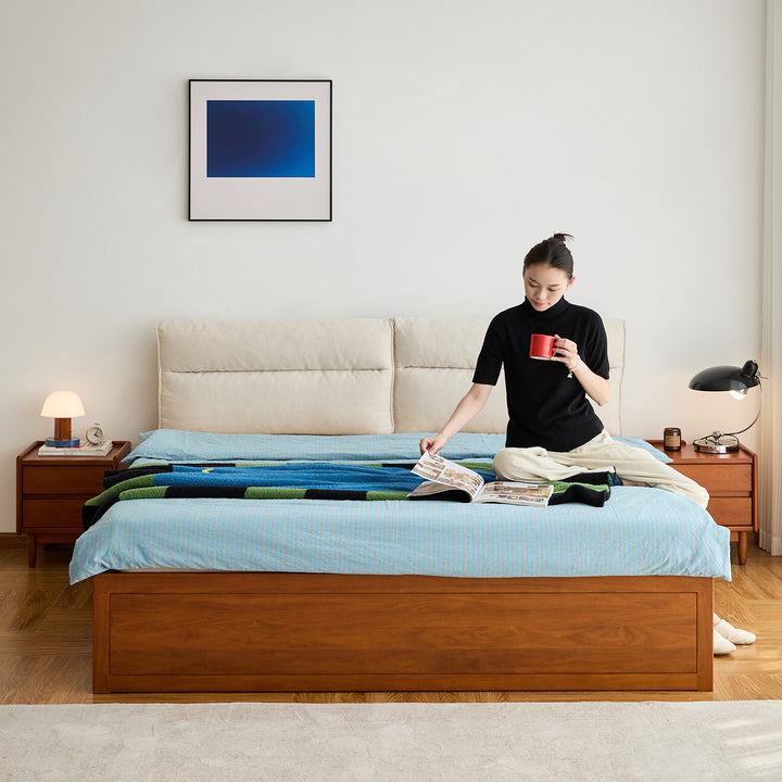 Vintage boxwood cushion lift-up storage bed with drawer kangaroo in close up details.