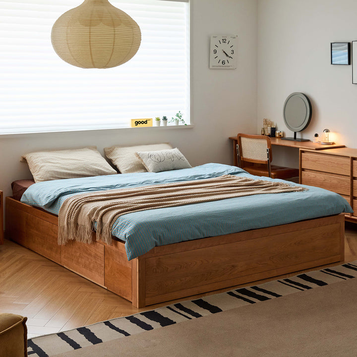 Scandinavian cherry wood lift-up storage platform bed with drawer kangaroo primary product view.