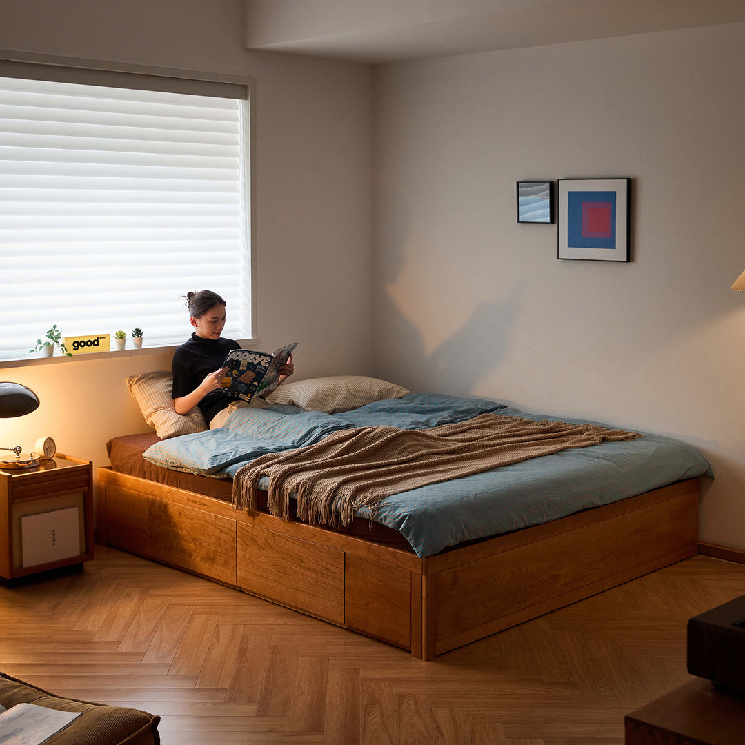 Scandinavian cherry wood lift-up storage platform bed with drawer kangaroo in white background.