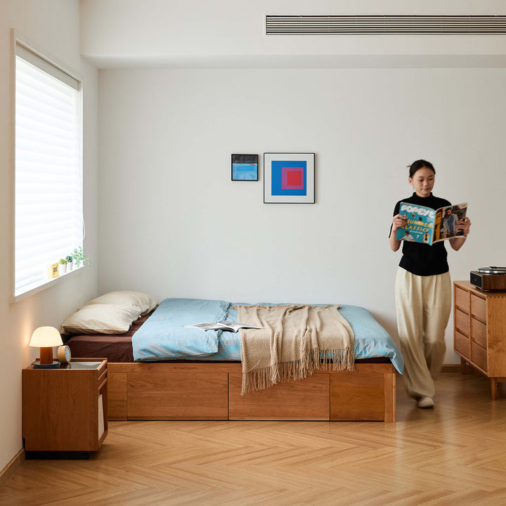 Scandinavian cherry wood lift-up storage platform bed with drawer kangaroo size charts.