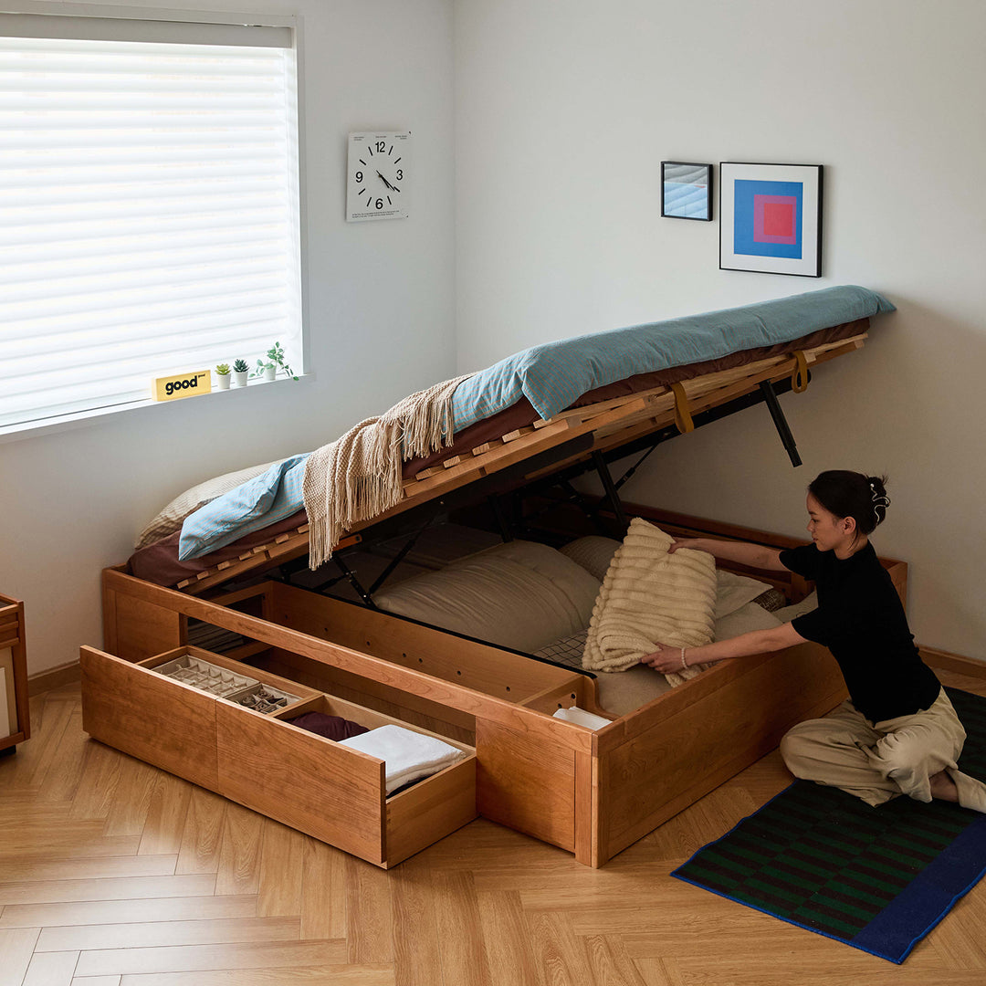 Scandinavian cherry wood lift-up storage platform bed with drawer kangaroo color swatches.