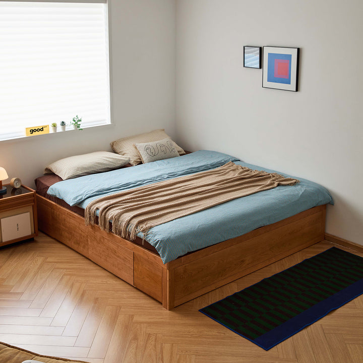 Scandinavian cherry wood lift-up storage platform bed with drawer kangaroo in details.