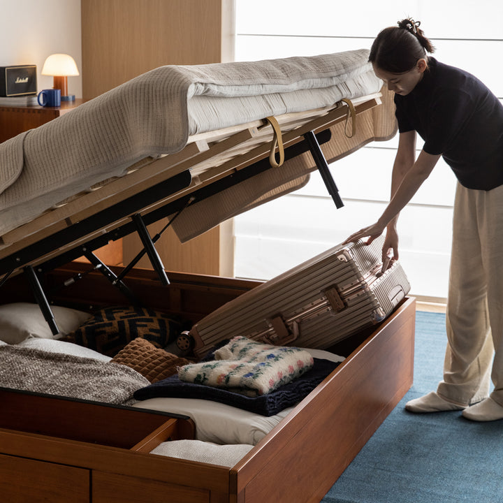 Vintage boxwood lift-up storage platform bed with drawer kangaroo in details.