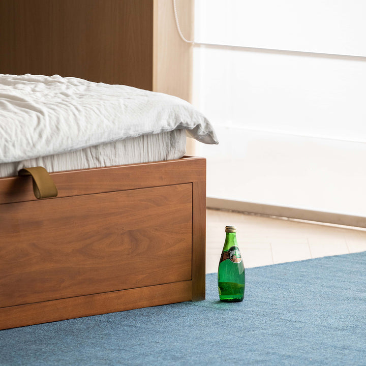 Vintage boxwood lift-up storage platform bed with drawer kangaroo in close up details.