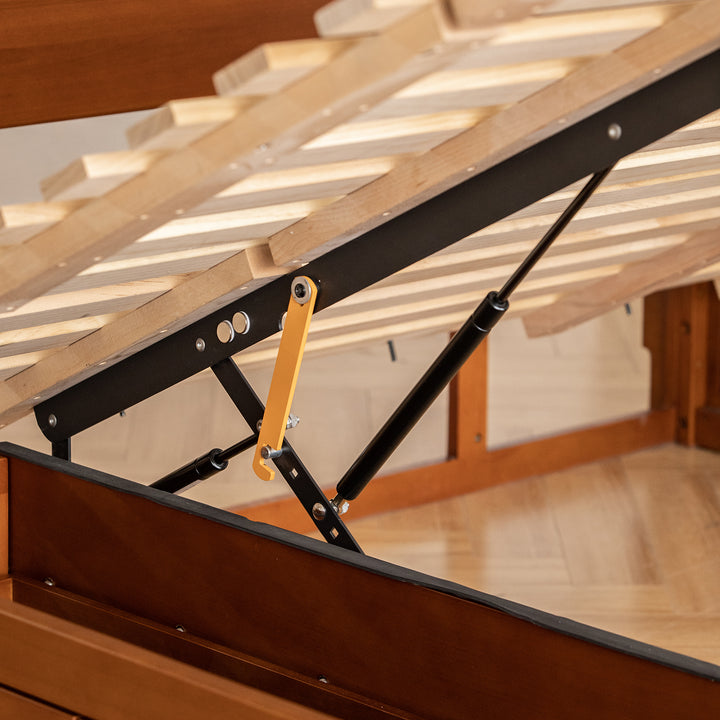 Vintage boxwood lift-up storage platform bed with drawer kangaroo in panoramic view.