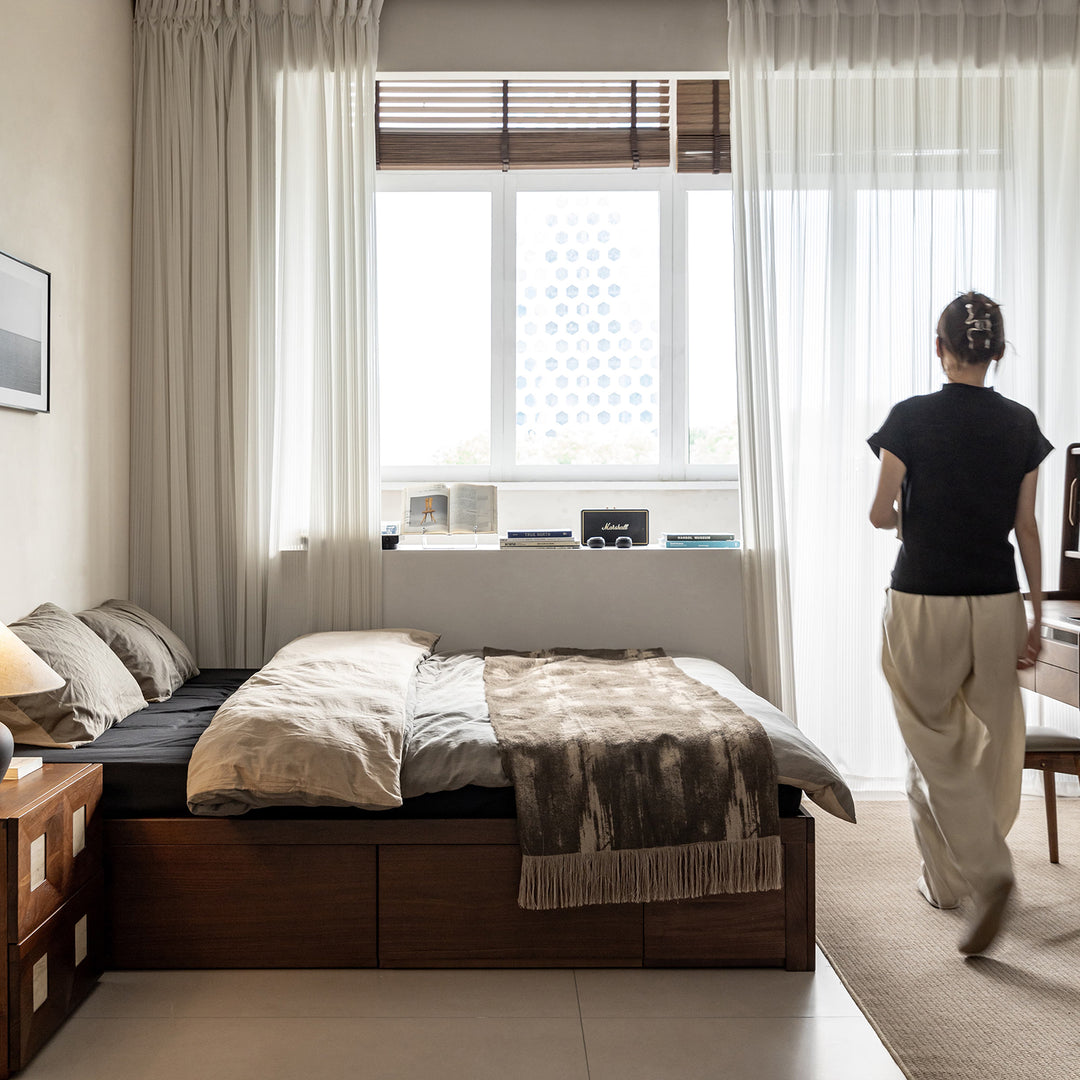 Vintage walnut wood lift-up storage platform bed with drawer kangaroo in real life style.