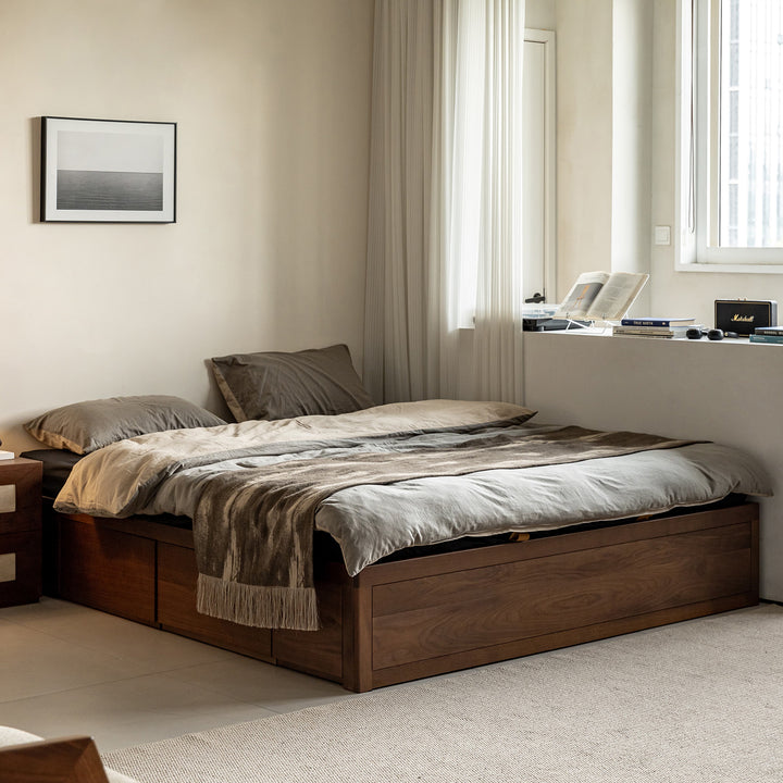 Vintage walnut wood lift-up storage platform bed with drawer kangaroo with context.