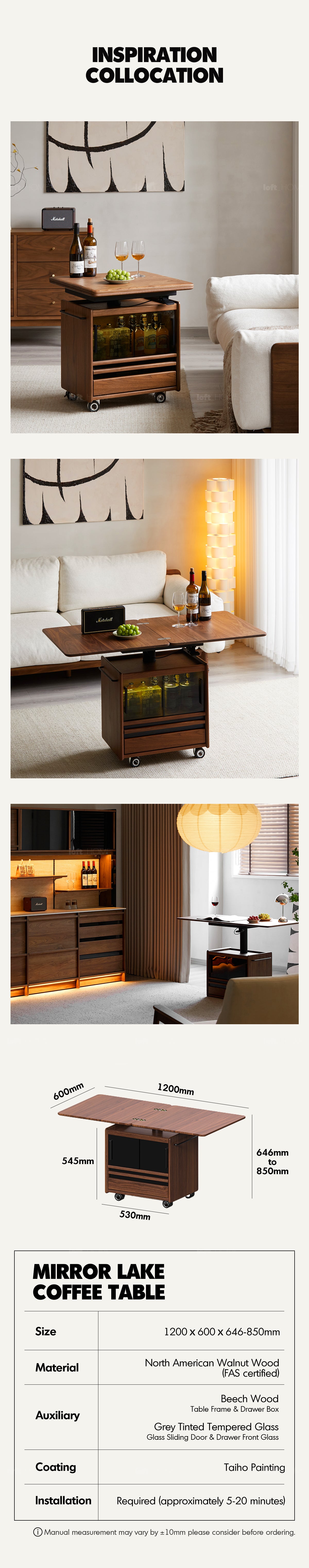 Japandi Walnut Wood Extendable Height Adjustable Coffee Table MIRROR LAKE Good to Know - 15