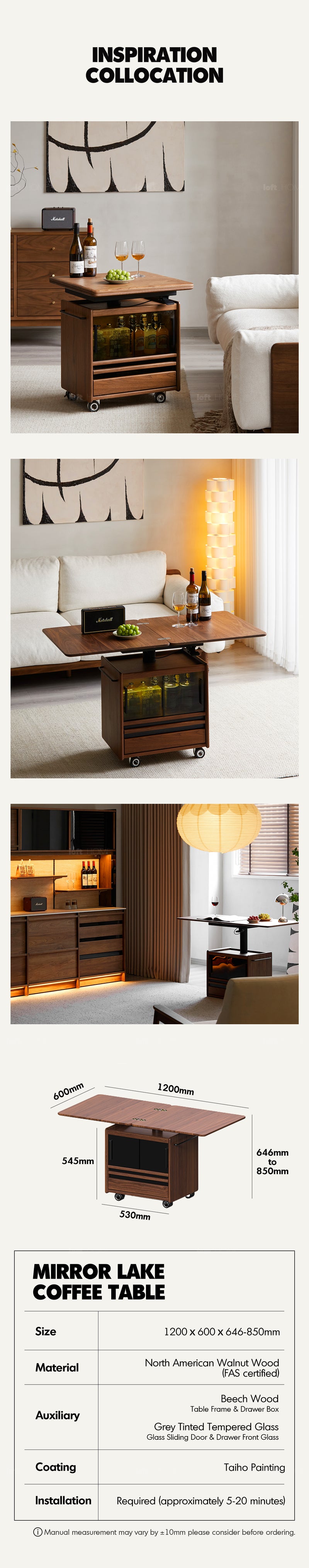 Japandi Walnut Wood Extendable Height Adjustable Coffee Table MIRROR LAKE Good to Know - 15