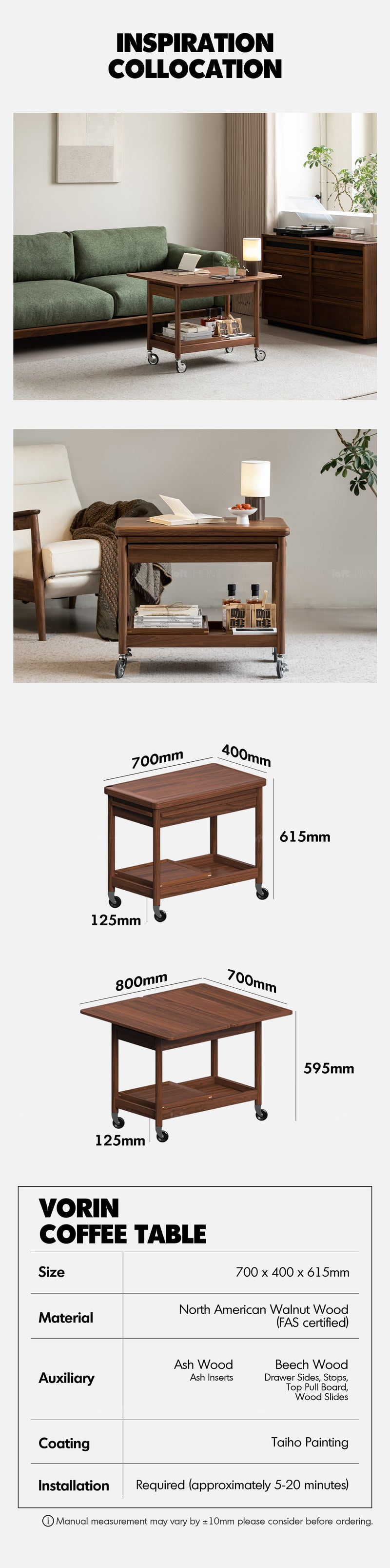 Japandi Walnut Wood Extendable Coffee Table VORIN Good to Know - 8