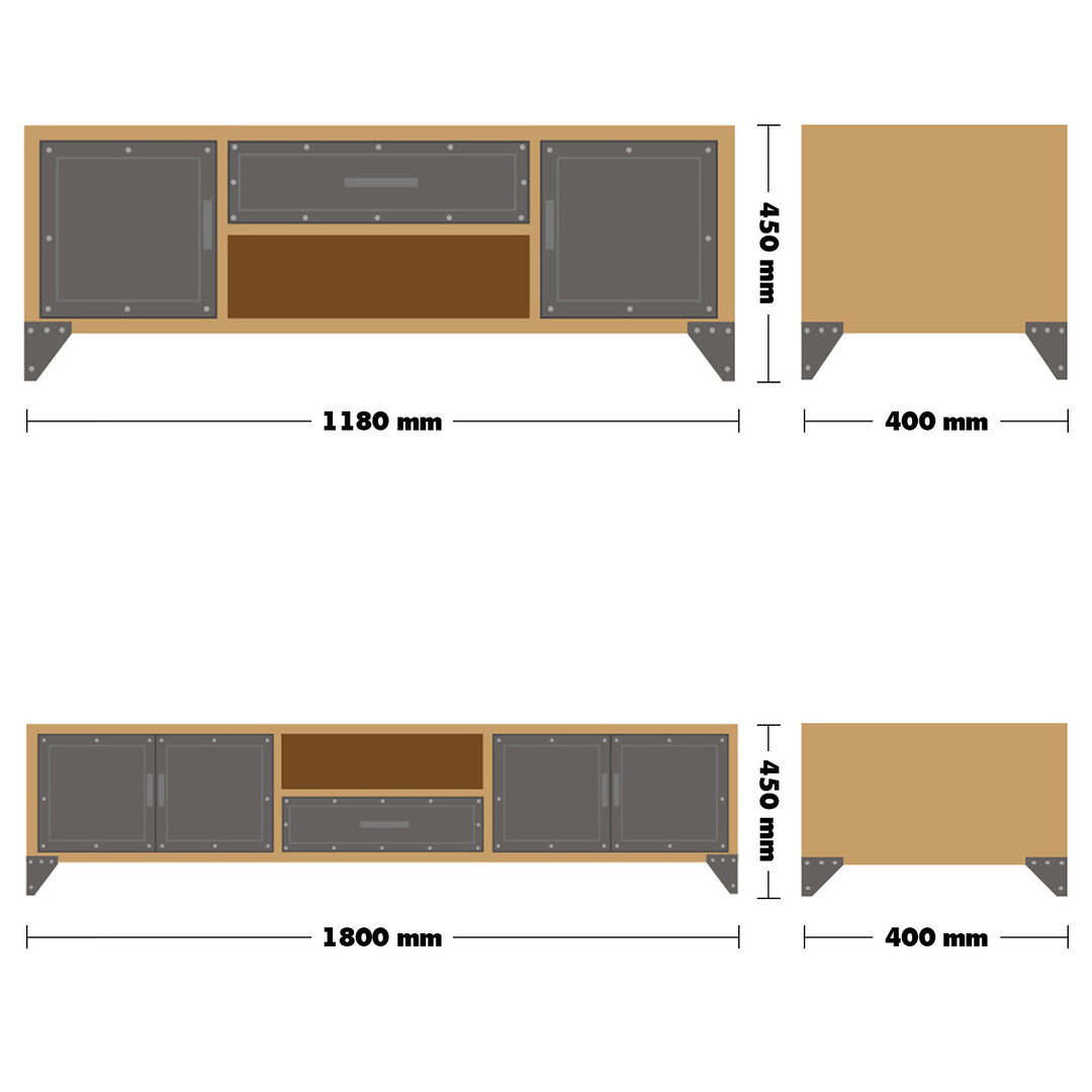 Industrial Wood TV Console LOFTSTEEL Size Chart