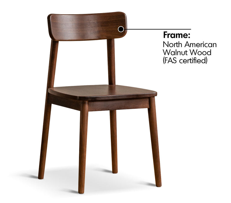 Wooden chair with text indicating North American Walnut Wood and FAS certification on a white background