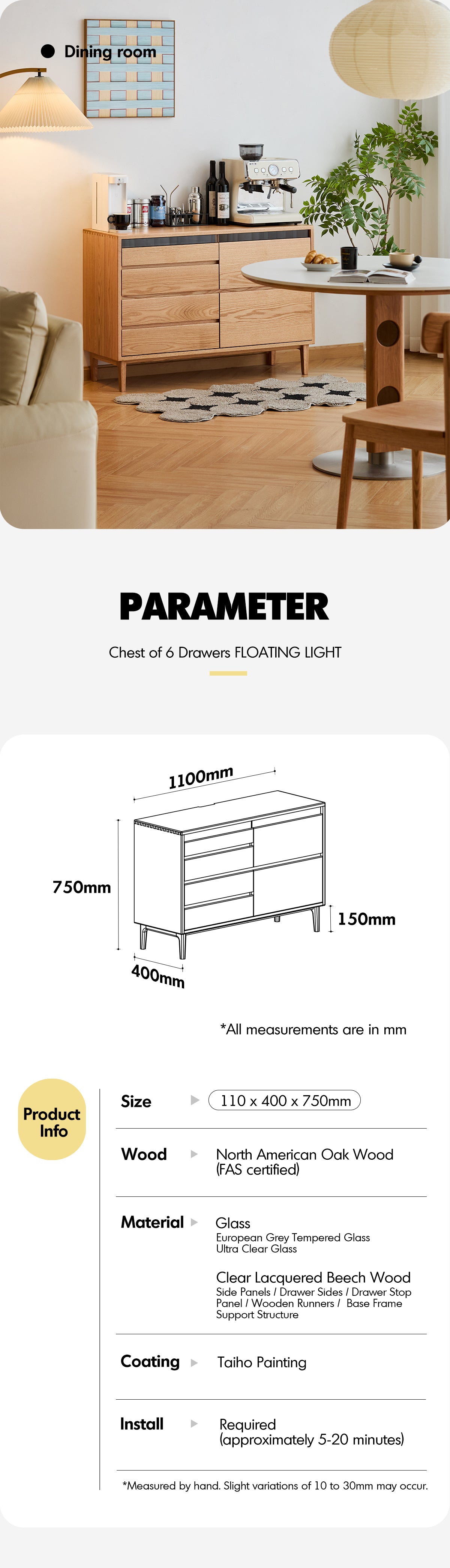 Scandinavian Oak Wood Chest Of 6 Drawers FLOATING LIGHT Good to Know - 7