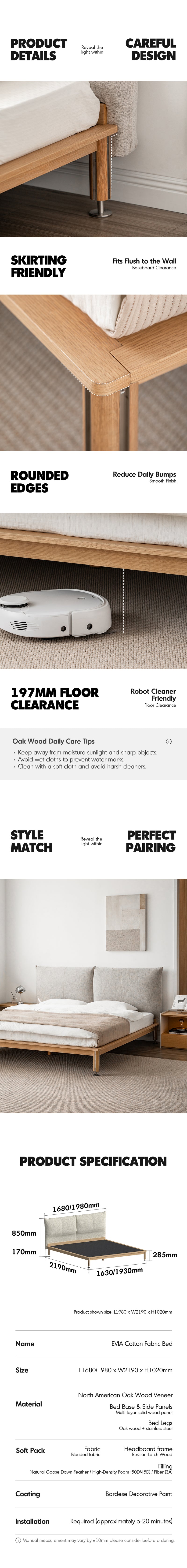 Minimalist Cotton Fabric Oak Wood Bed EVIA More Details and Instruction_3