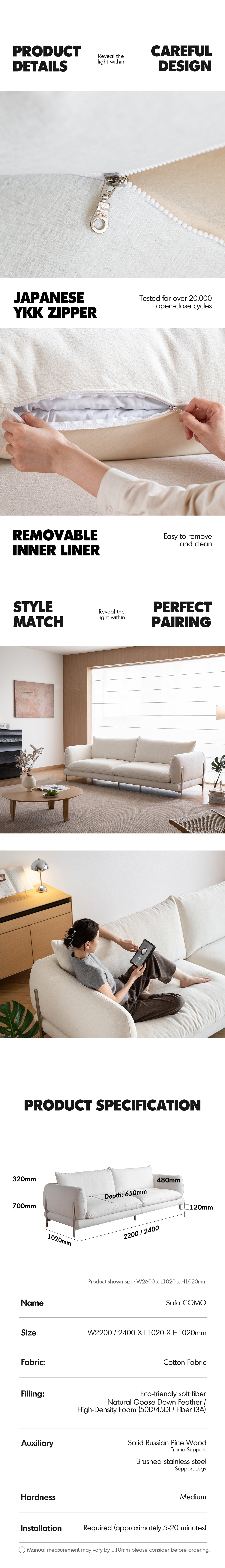 Minimalist Cotton Fabric 3 Seater Sofa COMO Good to Know - 7