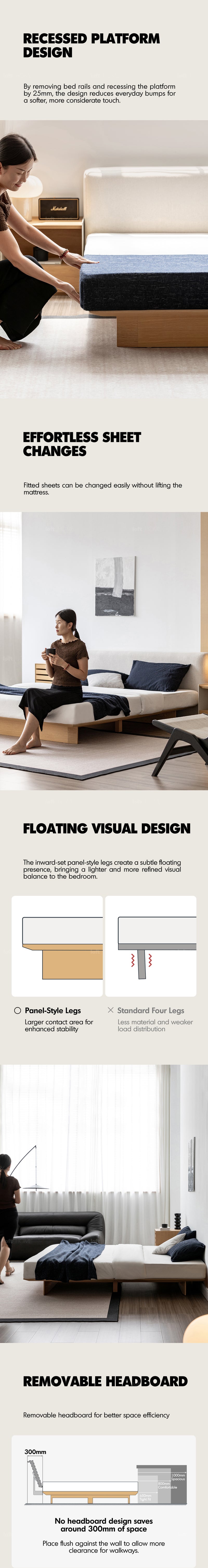 Minimalist Cotton Fabric Ash Wood Veneer Floating Bed WINTER Good to Know - 2
