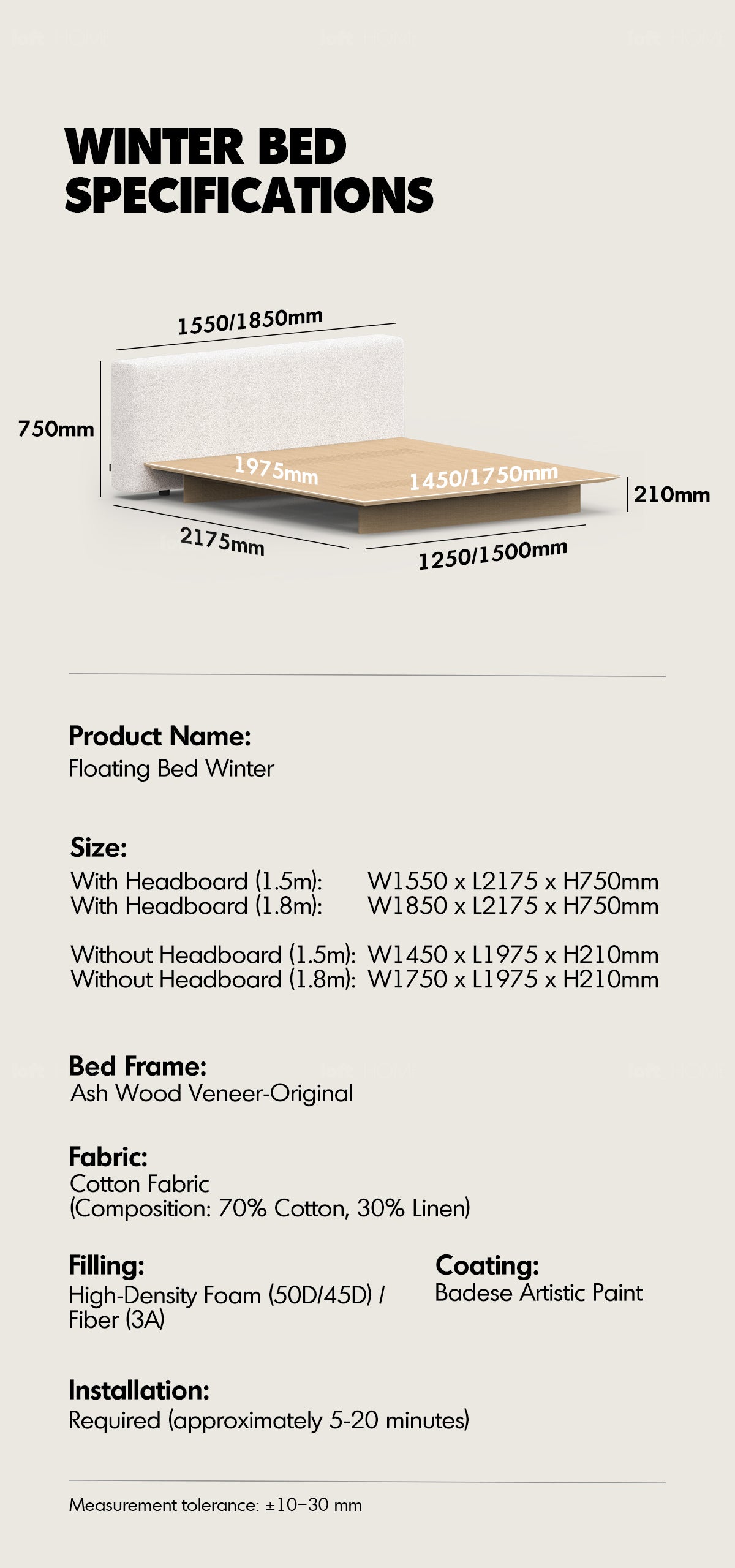 Minimalist Cotton Fabric Ash Wood Veneer Floating Bed WINTER Good to Know - 7