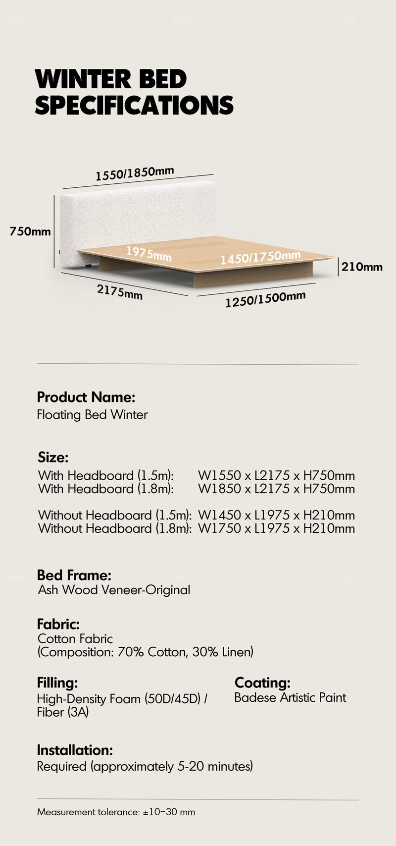 Minimalist Cotton Fabric Ash Wood Veneer Floating Bed WINTER Good to Know - 7