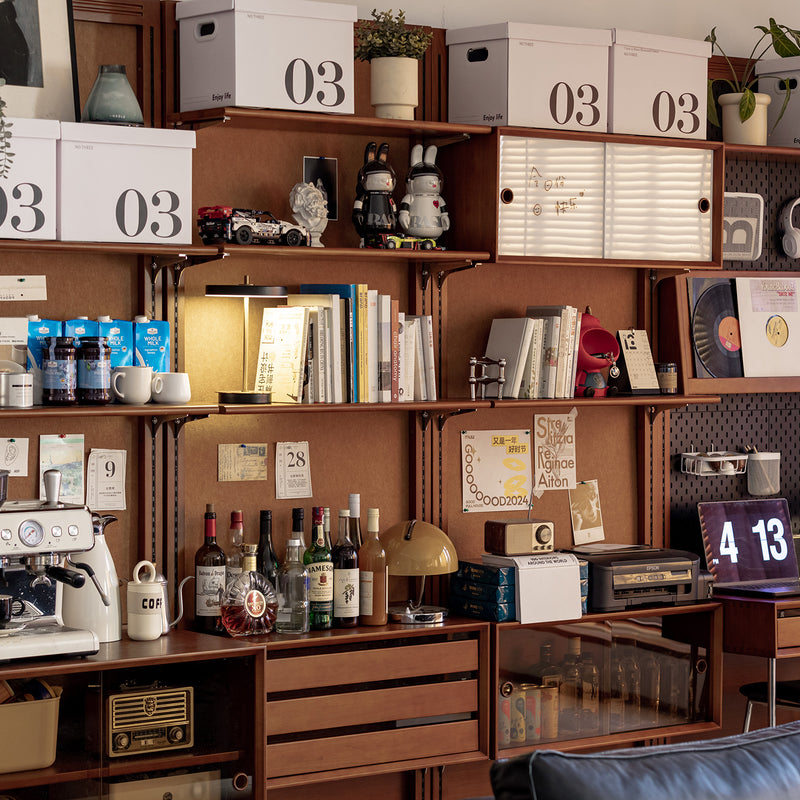 Bauhaus boxwood modular hanging wall shelf system muse living in panoramic view.
