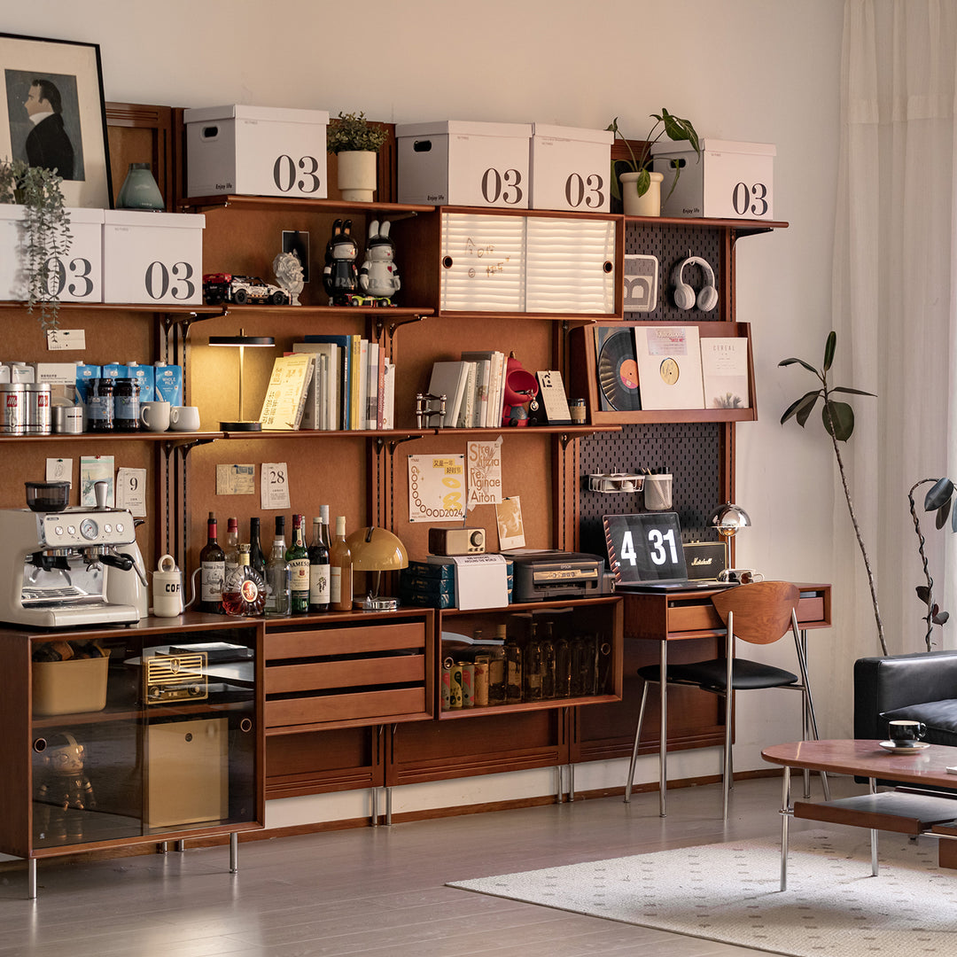 Vintage boxwood modular hanging wall shelf system muse living in close up details.
