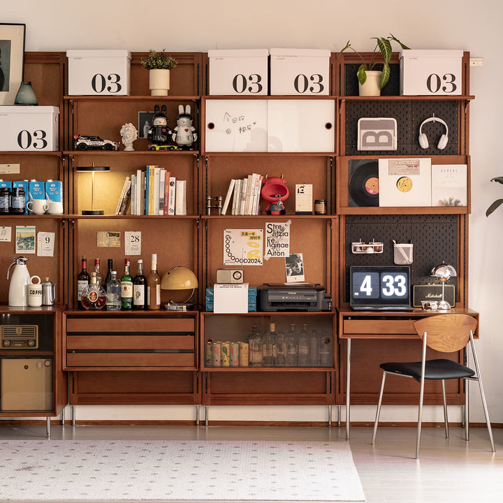 Vintage boxwood modular hanging wall shelf system muse living in panoramic view.
