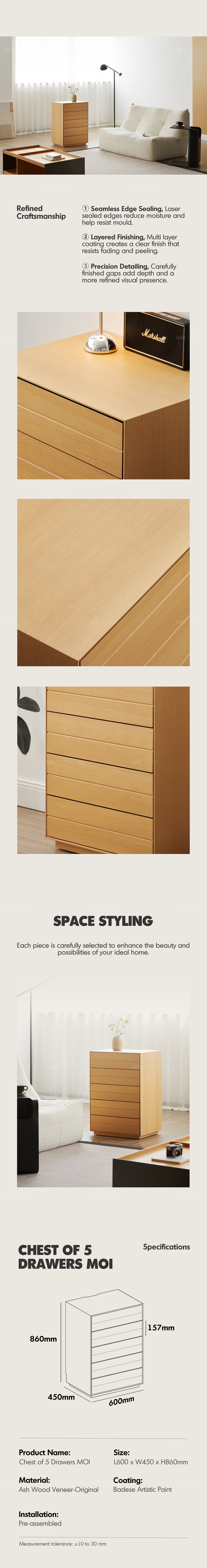 Minimalist Ash Wood Veneer Chest Of 5 Drawers MOI Good to Know - 5