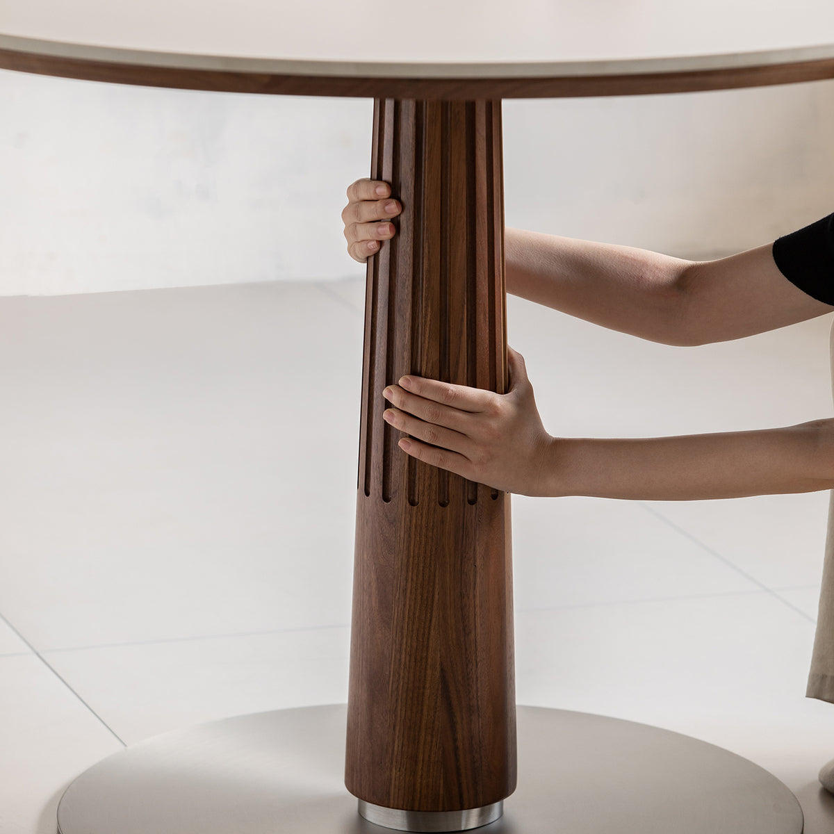 Japandi Walnut Wood Sintered Stone Round Dining Table GREY Color Swatches