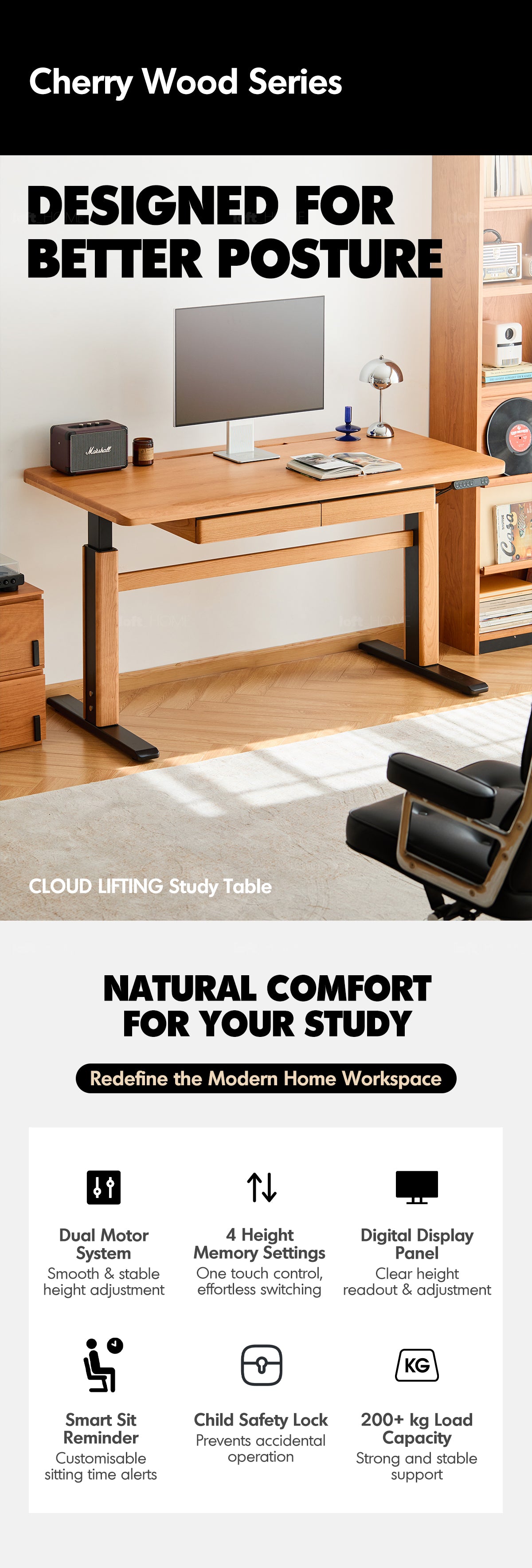 Scandinavian Cherry Wood Electric Height Adjustable Study Table CLOUD LIFTING Good to Know - 1