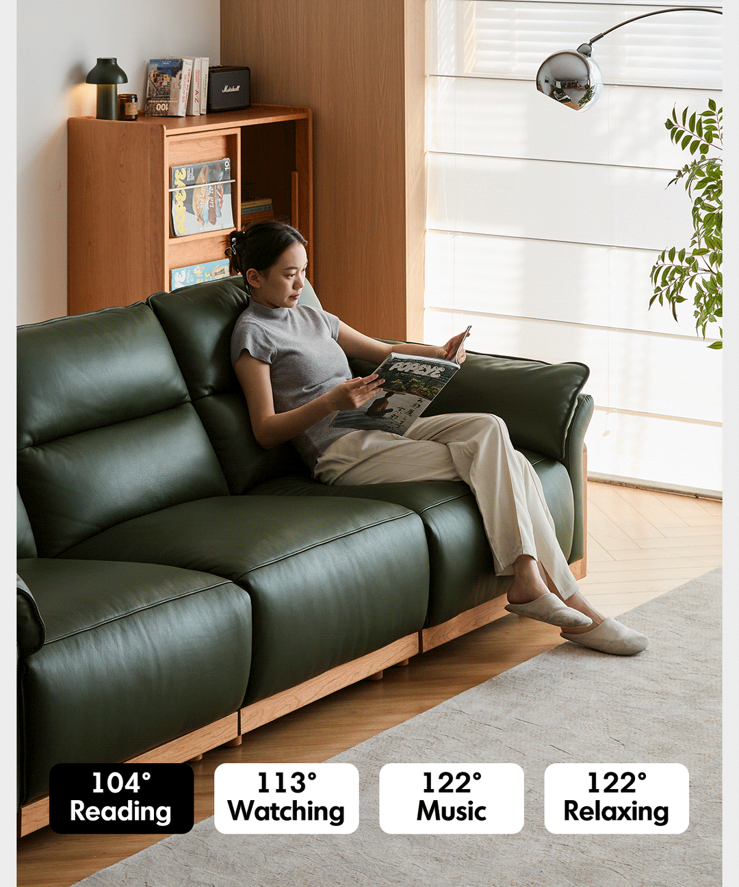 Scandinavian Cherry Wood Genuine Leather Electric Recliner 4 Seater Sofa EDGELESS