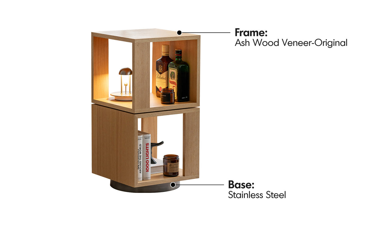 Minimalist Ash Wood Veneer Revolving Side Table AXEL Material Details Chart