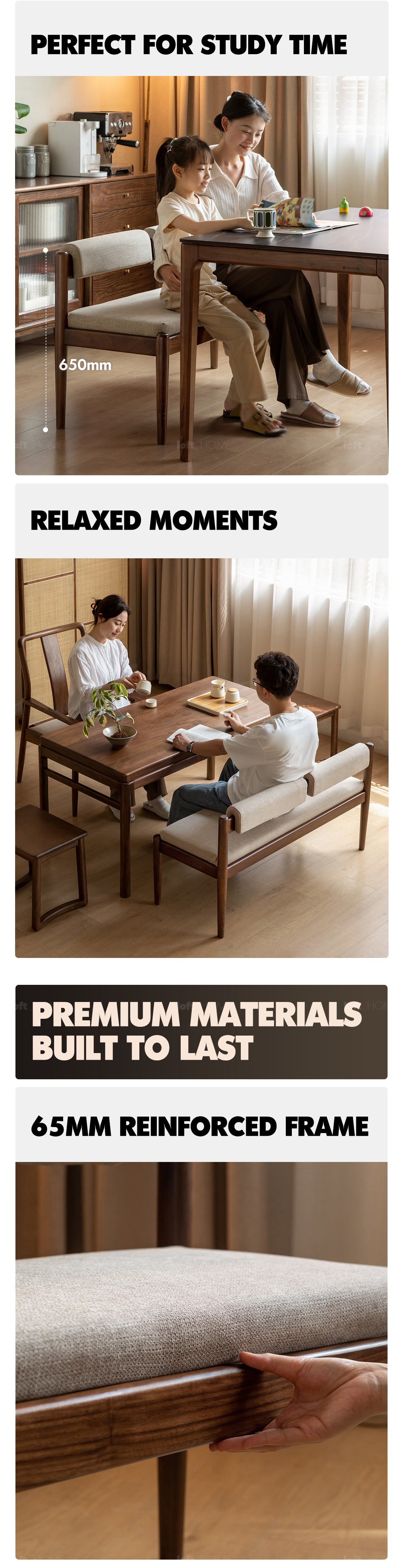 Japandi Oak Wood Mixed Weave Fabric Dining Bench PILLAR WALNUT Good to Know - 4
