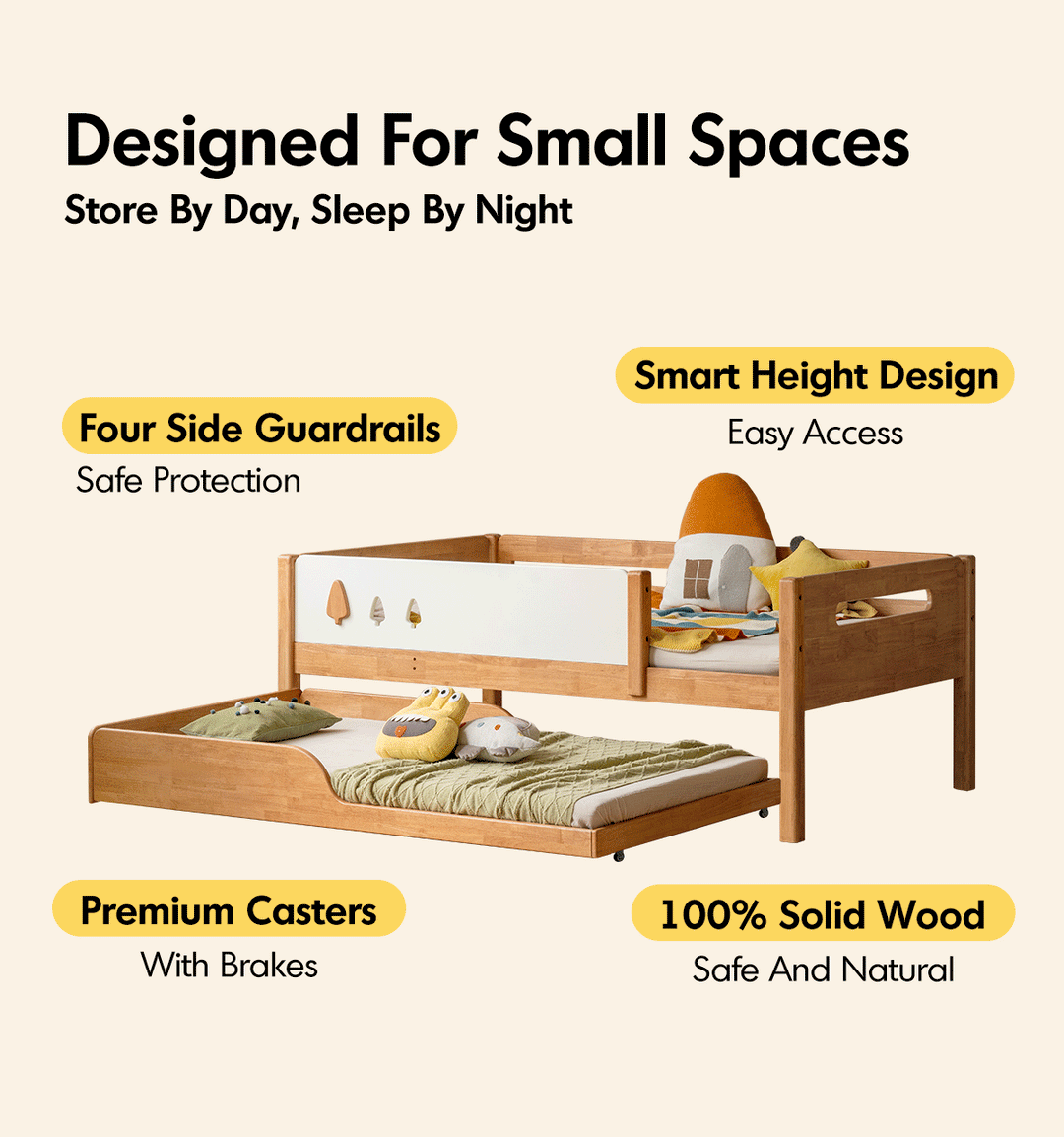 Scandinavian Rubber Wood Kids Bunk Bed With Trundle VIREO