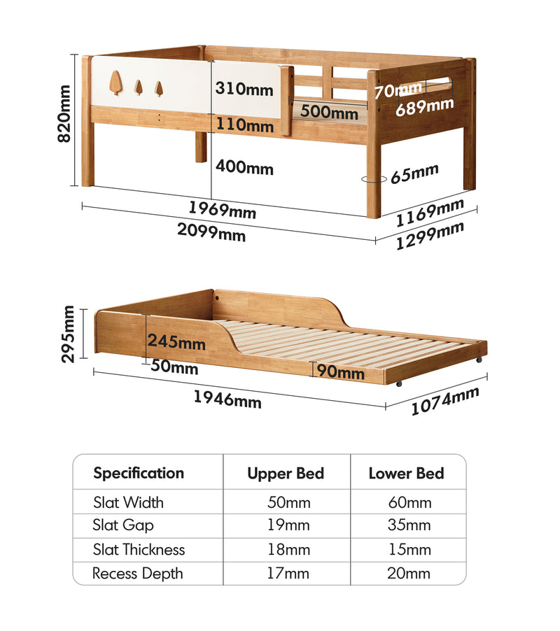 Scandinavian Rubber Wood Kids Bunk Bed With Trundle VIREO Size Chart