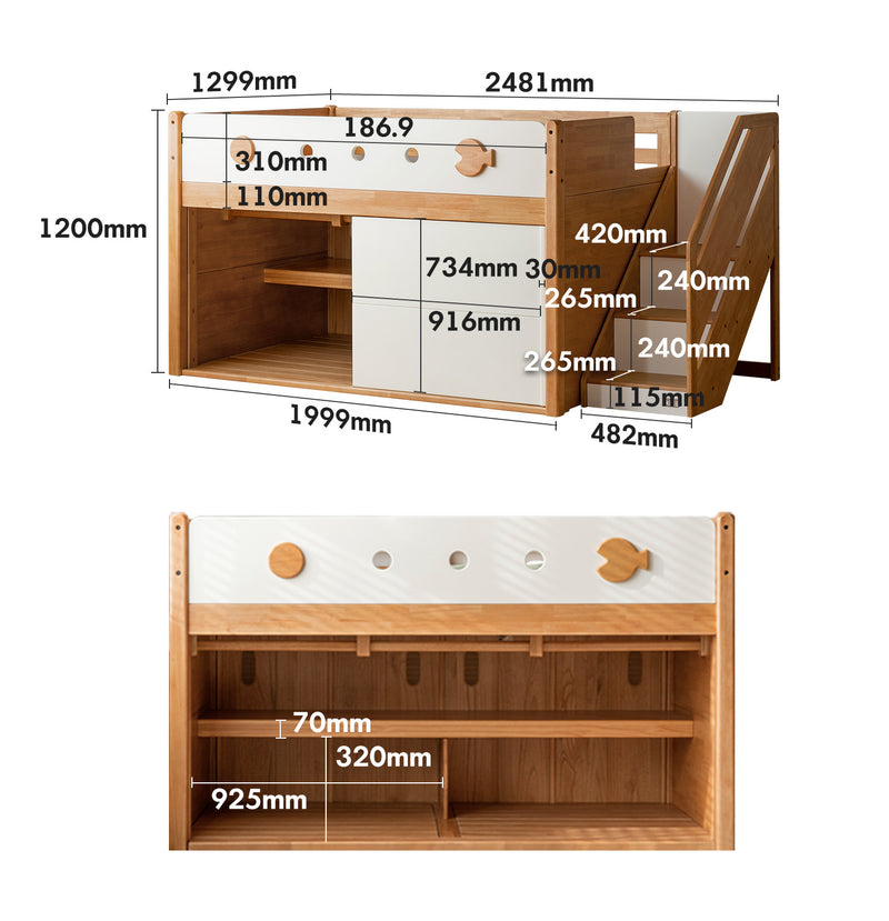 Scandinavian Rubber Wood Kids Storage Bed LUNOR Size Chart