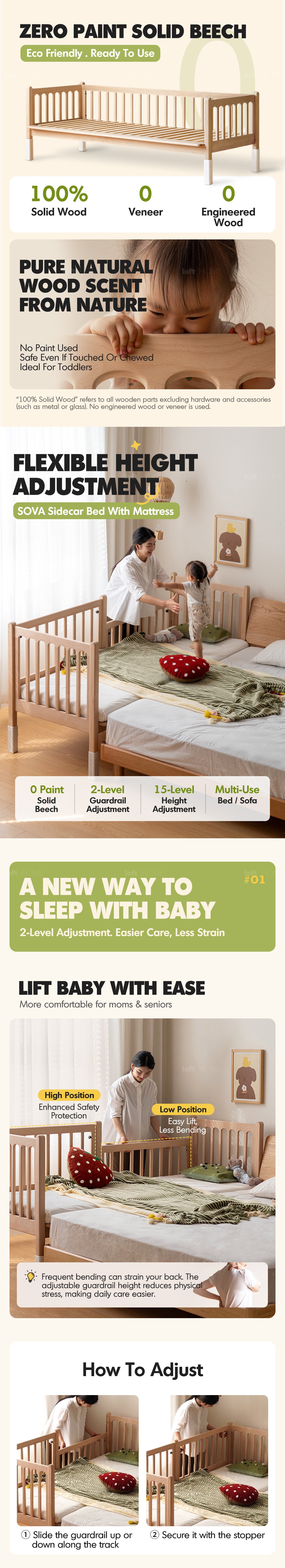 Scandinavian Beech Wood Height Adjustable Kids Sidecar Bed With Mattress Set SOVA Good to Know - 1