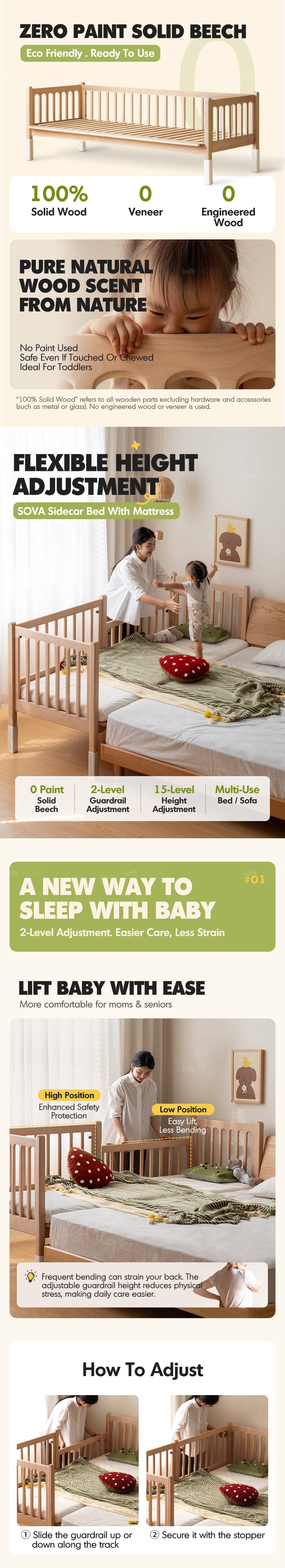 Scandinavian Beech Wood Height Adjustable Kids Sidecar Bed With Mattress Set SOVA Good to Know Preview-1