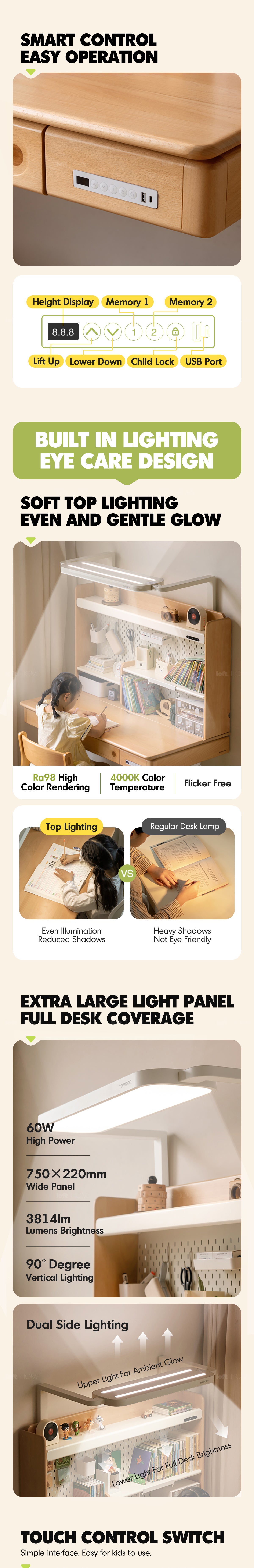 Scandinavian Beech Wood Electric Height Adjustable Kids Study Table With Intergrated LED Light ORBITA Good to Know - 3