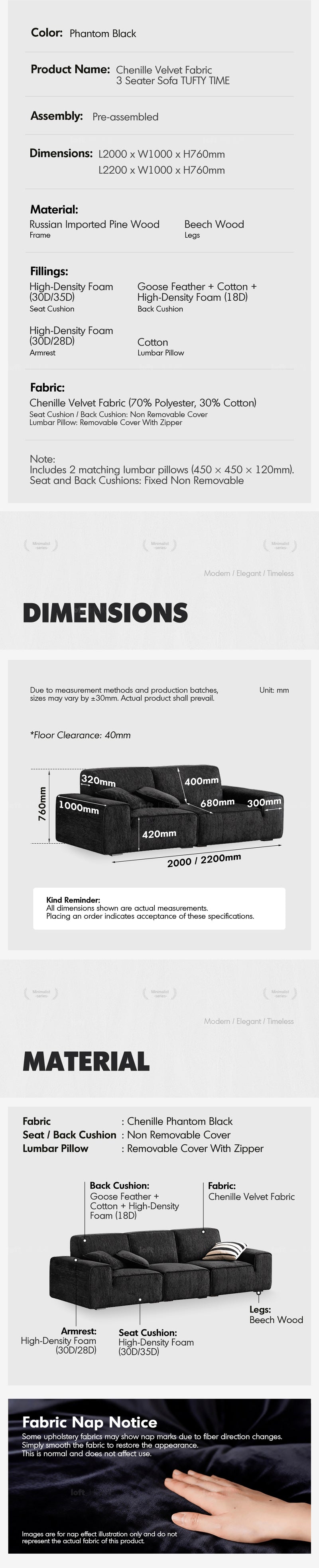 Minimalist Chenille Velvet Fabric 3 Seater Sofa TUFTY TIME Good to Know - 14