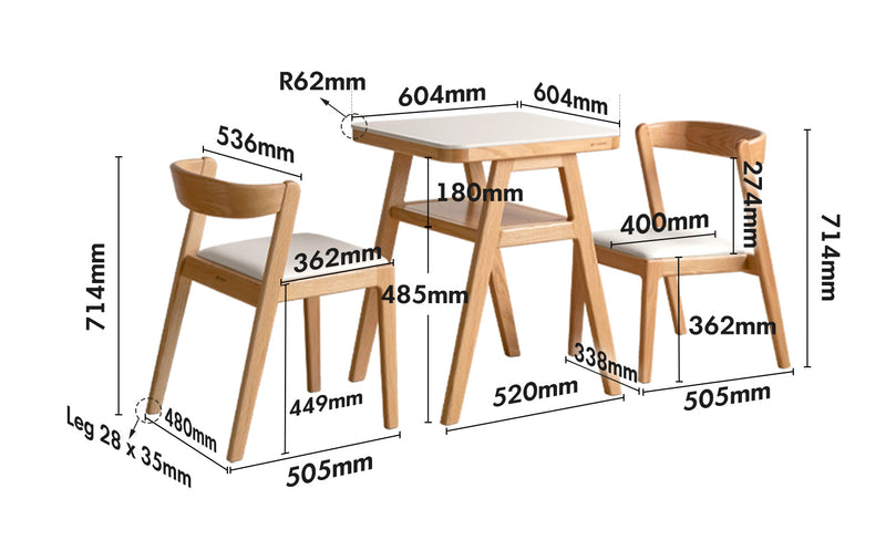 Scandinavian Oak Wood Sintered Stone Stackable Dining Table 3-IN-1 Set NOKI Size Chart